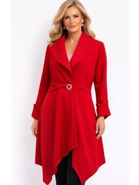 Joseph Ribkoff Bold Red Asymmetrical Drape Coat Trench Size XL 14